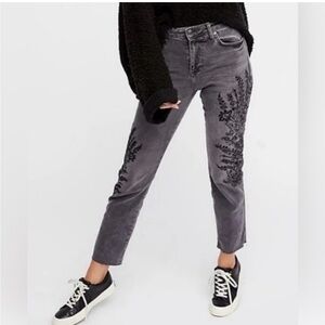 We The Free For Free People Grey Floral Embroidered Crop Girlfriend Denim Jeans